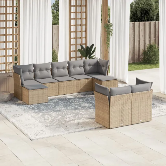 Salon de jardin avec coussins 9 pcs beige résine tressée