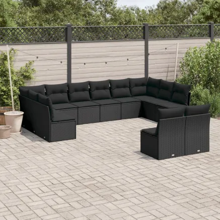 Salon de jardin 12 pcs avec coussins noir résine tressée