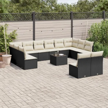 Salon de jardin avec coussins 13 pcs noir résine tressée