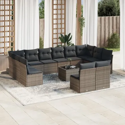 Salon de jardin avec coussins 13 pcs gris résine tressée