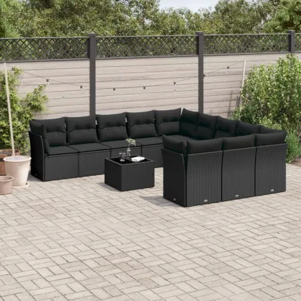 Salon de jardin 12 pcs avec coussins noir résine tressée