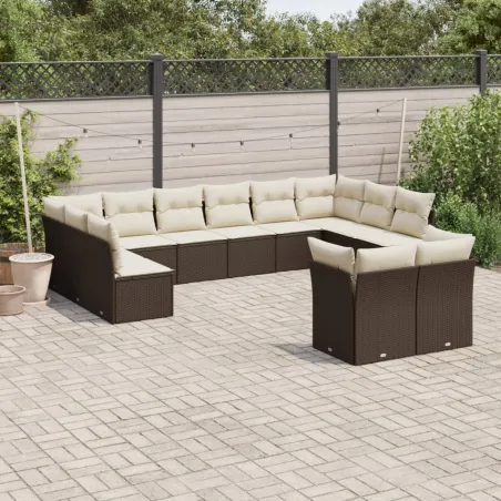 Salon de jardin avec coussins 12 pcs marron résine tressée