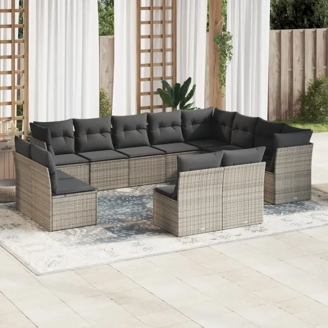 Salon de jardin avec coussins 12 pcs gris résine tressée