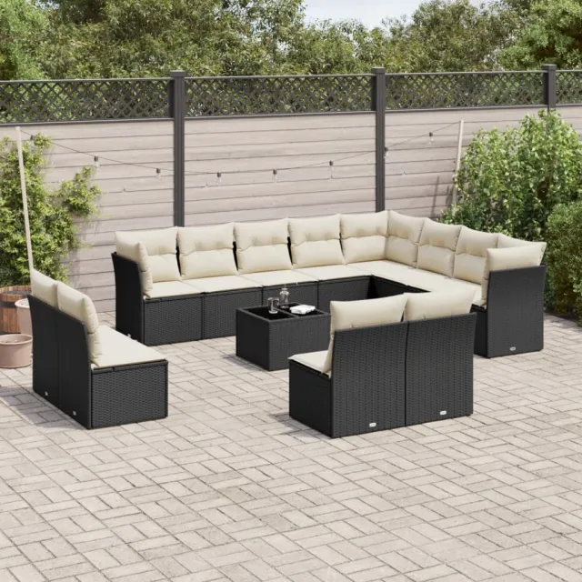 Salon de jardin avec coussins 13 pcs noir résine tressée