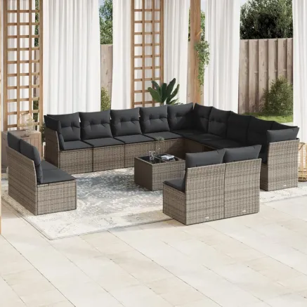 Salon de jardin avec coussins 14 pcs gris résine tressée