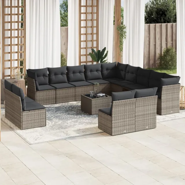 Salon de jardin avec coussins 14 pcs gris résine tressée