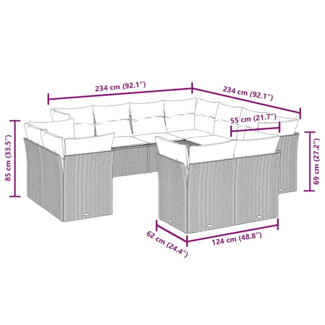 Salon de jardin 11 pcs avec coussins noir résine tressée
