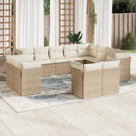 Salon de jardin avec coussins 12 pcs beige résine tressée