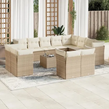 Salon de jardin avec coussins 13 pcs beige résine tressée