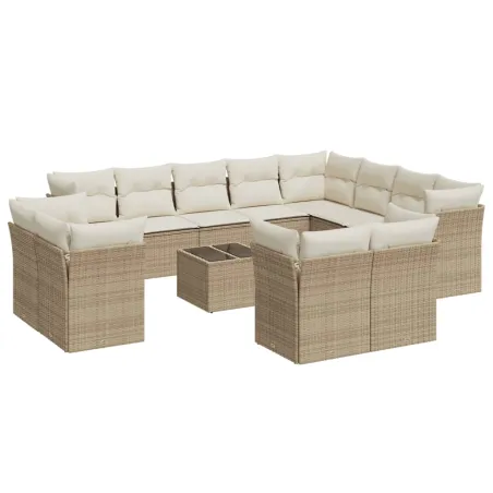 Salon de jardin avec coussins 13 pcs beige résine tressée