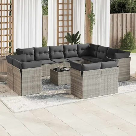 Salon de jardin avec coussins 13 pcs gris clair résine tressée