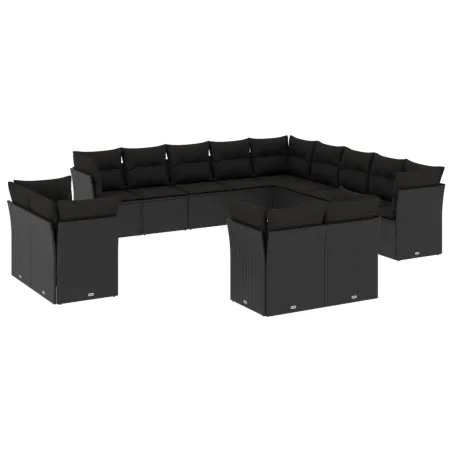 Salon de jardin avec coussins 13 pcs noir résine tressée