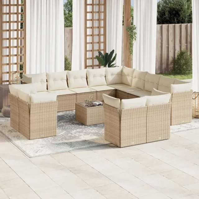 Salon de jardin avec coussins 14 pcs beige résine tressée