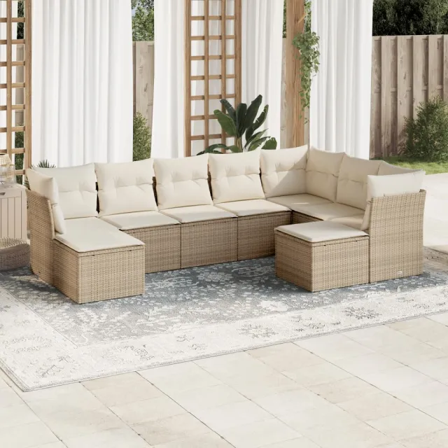 Salon de jardin avec coussins 9 pcs beige résine tressée