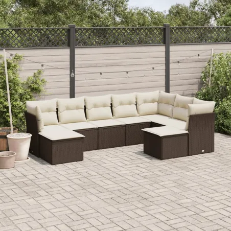 Salon de jardin avec coussins 9 pcs marron résine tressée