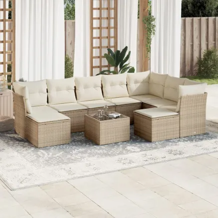 Salon de jardin avec coussins 10 pcs beige résine tressée