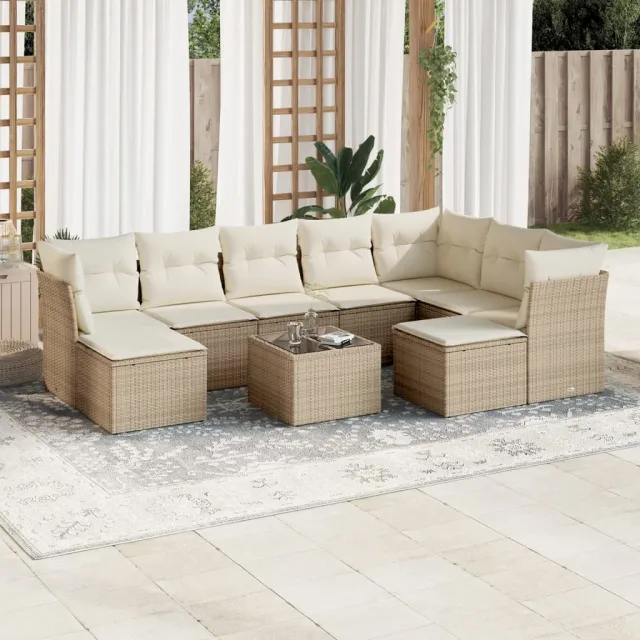 Salon de jardin avec coussins 10 pcs beige résine tressée