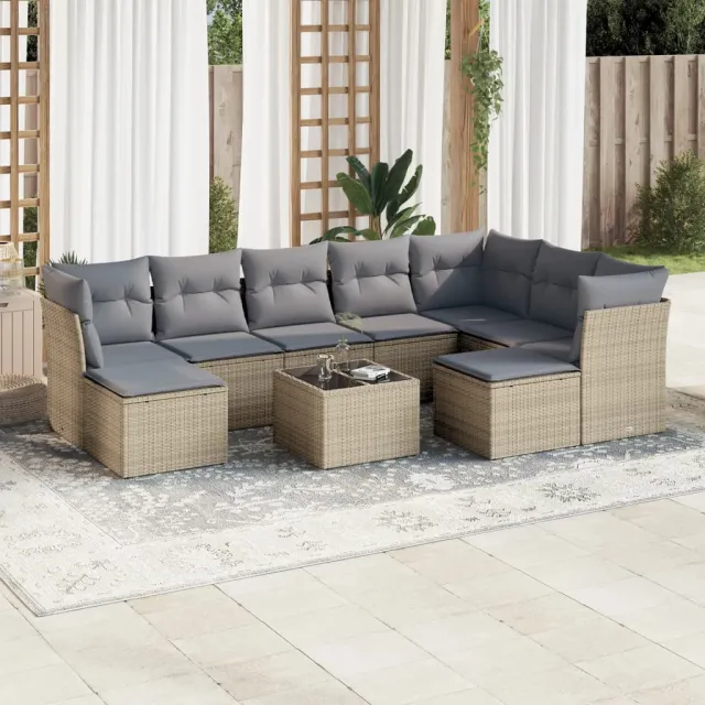 Salon de jardin avec coussins 10 pcs beige résine tressée