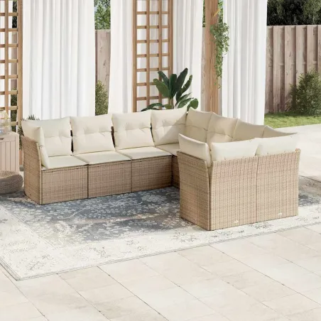 Salon de jardin avec coussins 8 pcs beige résine tressée