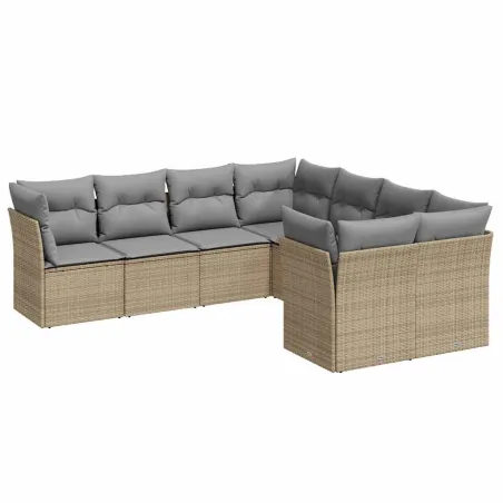 Salon de jardin avec coussins 8 pcs beige résine tressée