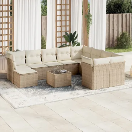Salon de jardin 11 pcs avec coussins beige résine tressée