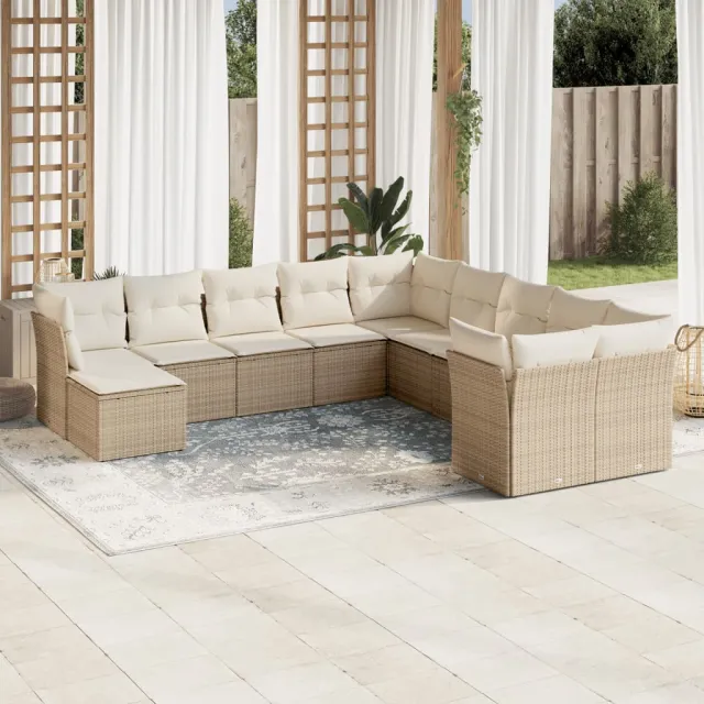 Salon de jardin 11 pcs avec coussins beige résine tressée