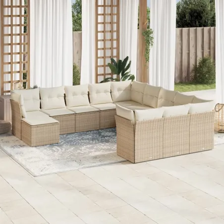Salon de jardin avec coussins 12 pcs beige résine tressée