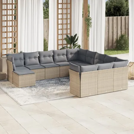 Salon de jardin avec coussins 12 pcs beige résine tressée