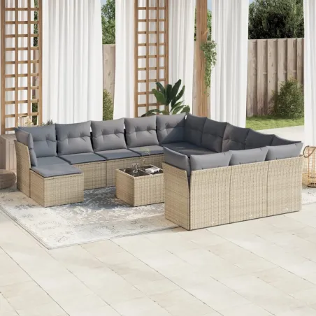 Salon de jardin avec coussins 13 pcs beige résine tressée