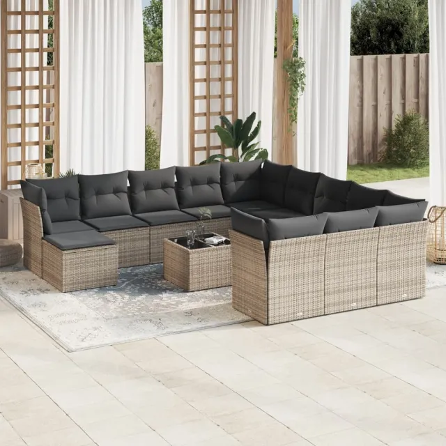 Salon de jardin avec coussins 13 pcs gris résine tressée