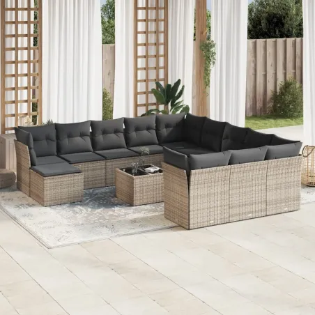 Salon de jardin avec coussins 13 pcs gris résine tressée