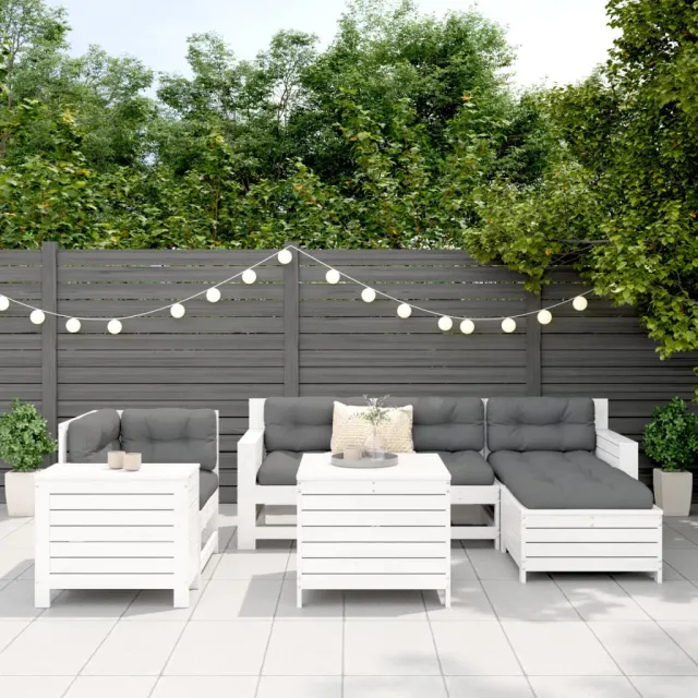 Salon de jardin 7 pcs blanc bois de pin massif
