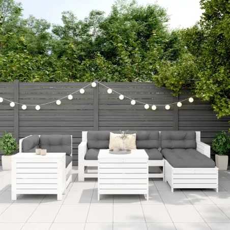 Salon de jardin 7 pcs blanc bois de pin massif