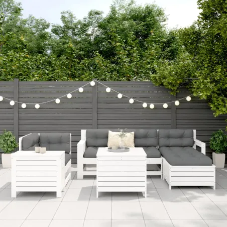 Salon de jardin 7 pcs blanc bois de pin massif