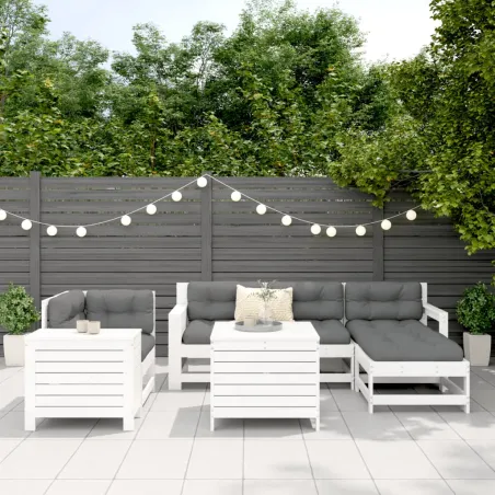 Salon de jardin 7 pcs blanc bois de pin massif