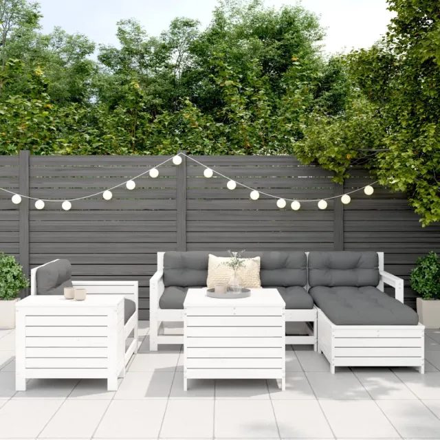 Salon de jardin 7 pcs blanc bois de pin massif