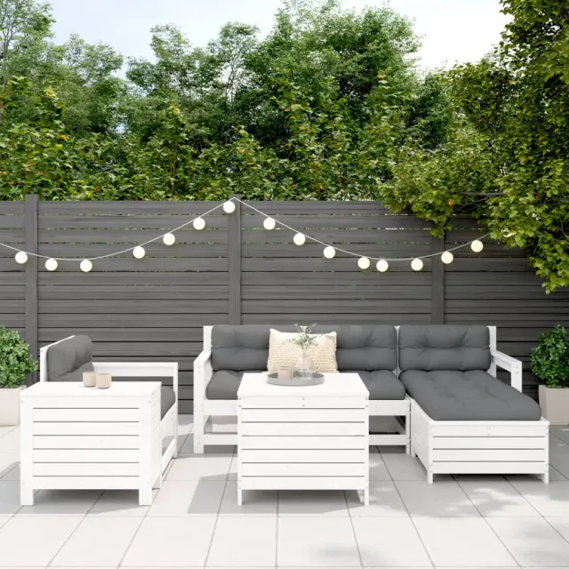 Salon de jardin 7 pcs blanc bois de pin massif