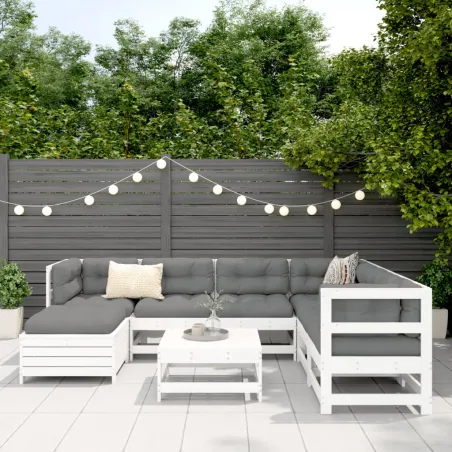 Salon de jardin 8 pcs blanc bois de pin massif