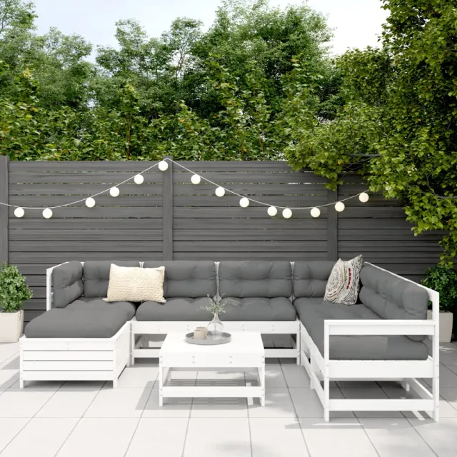 Salon de jardin 8 pcs blanc bois de pin massif