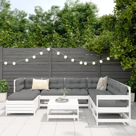 Salon de jardin 8 pcs blanc bois de pin massif