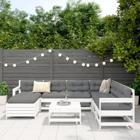 Salon de jardin 8 pcs blanc bois de pin massif