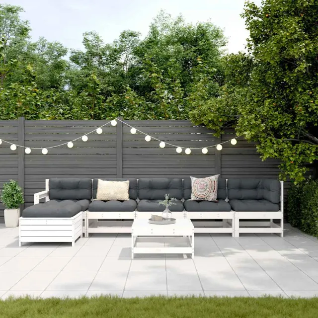 Salon de jardin 7 pcs Blanc Bois de pin massif