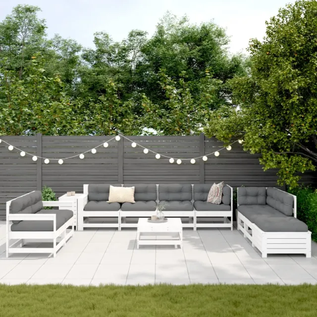 Salon de jardin 11 pcs blanc bois massif de pin