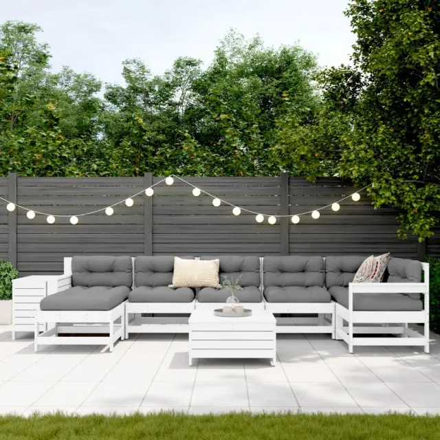 Salon de jardin 9 pcs blanc bois de pin massif
