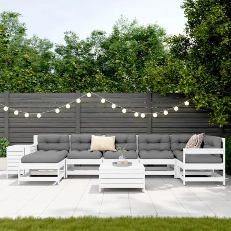 Salon de jardin 9 pcs blanc bois de pin massif