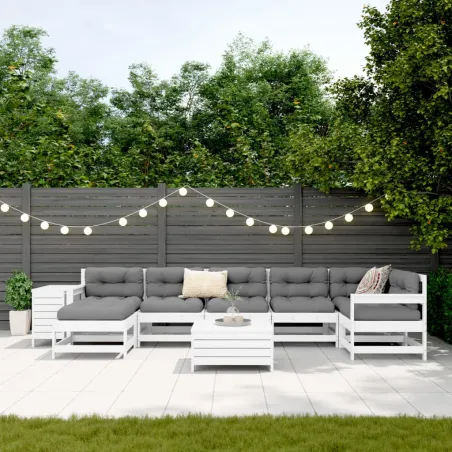 Salon de jardin 9 pcs blanc bois de pin massif