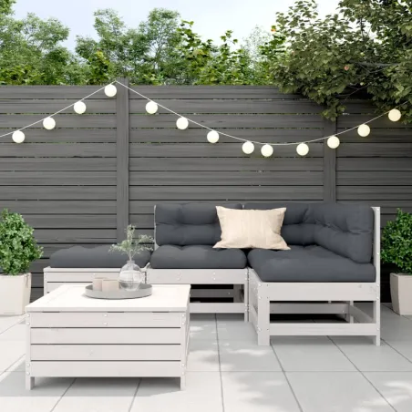 Salon de jardin 5 pcs avec coussins blanc bois massif de pin