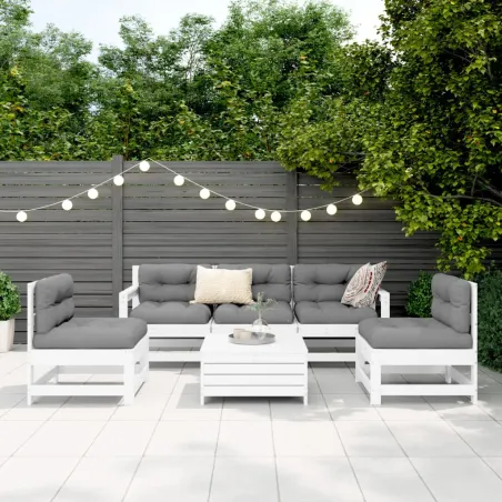 Salon de jardin 6 pcs blanc bois de pin massif