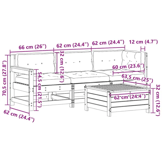 Salon de jardin 4 pcs avec coussins blanc bois de pin massif