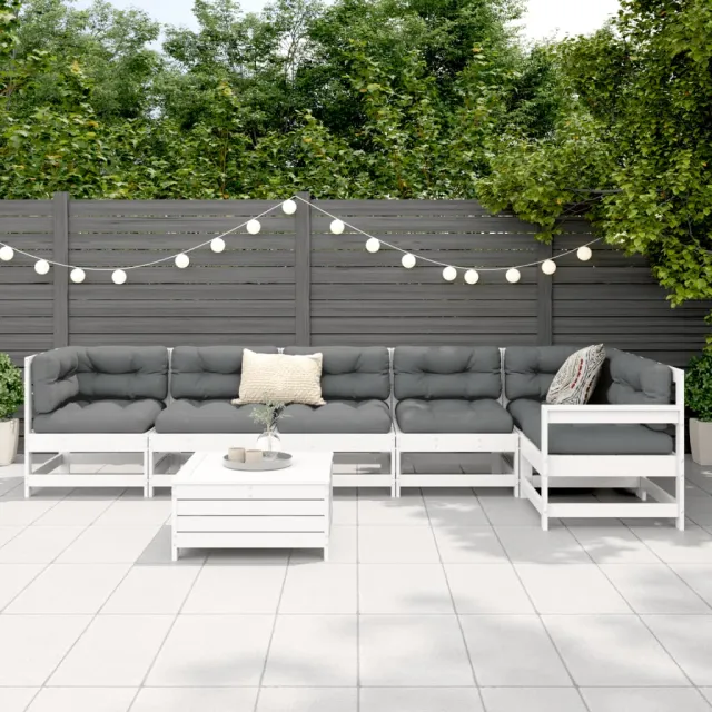 Salon de jardin 7 pcs blanc bois de pin massif